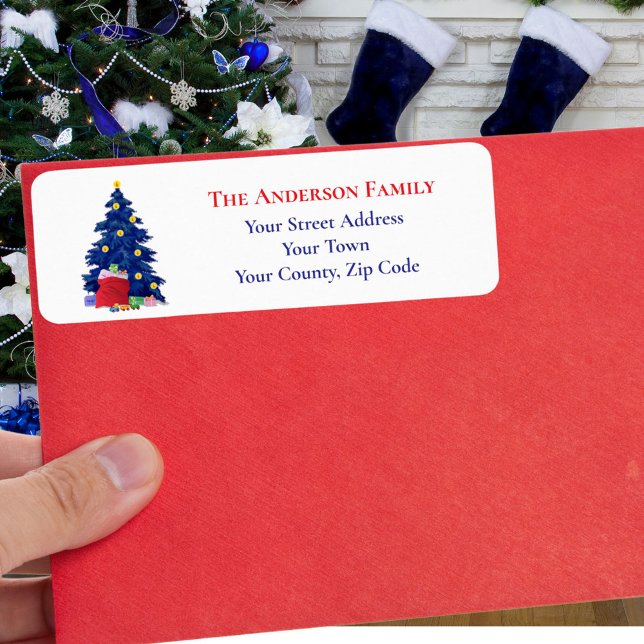 Modern Blue Julgran Red Santa Sack Namn Returadress Etikett (Skapare uppladdad)