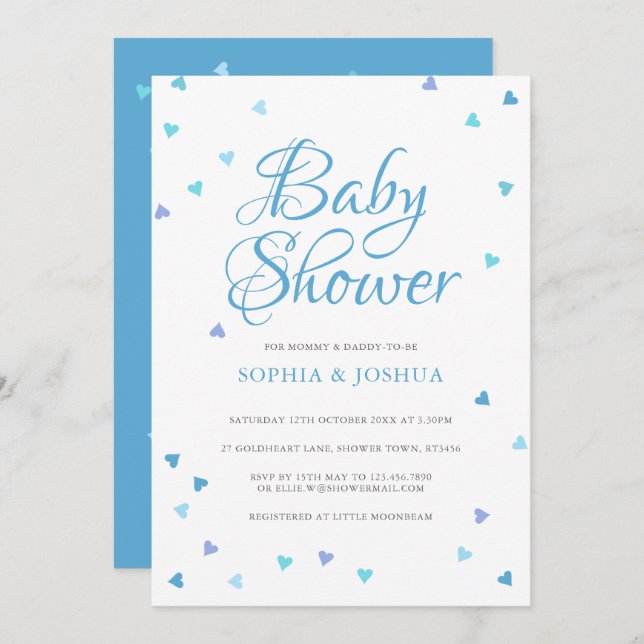 Modern Blue Kärlek Hearts Par Pojke Shower Inbjudningar (Fram/baksida)