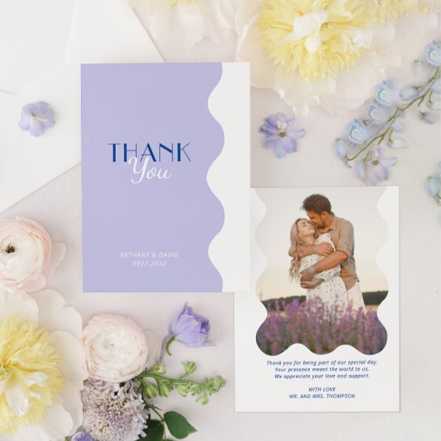 Modern Blue Lavender Wave Gräns Photo Bröllop Tack Kort (Skapare uppladdad)