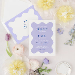 Modern Blue Lavender Wave Scallop Monogram Bröllop Inbjudningar