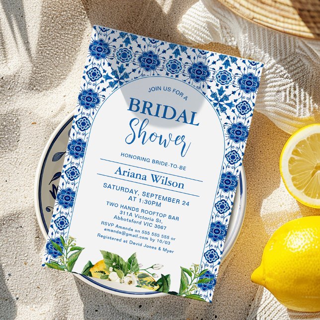 Modern Blue Lemon Tile Inbjudningskort för möhippa (Mediterranean Blue Tile Lemon Bridal Shower Invitation Template, Italian Positano Bridal Shower )