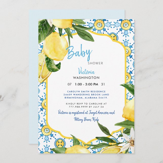 Modern Blue & Lemons Baby Shower Inbjudningar (Fram/baksida)