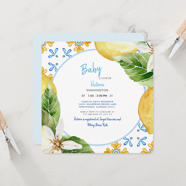 Modern Blue & Lemons Baby Shower Inv. Inbjudningar (Fram/Back In Situ)