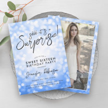 Modern Blue Ljus Photo Surprise Sweet 16