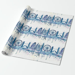 Modern Blue London Skyline vattencolor Presentpapper