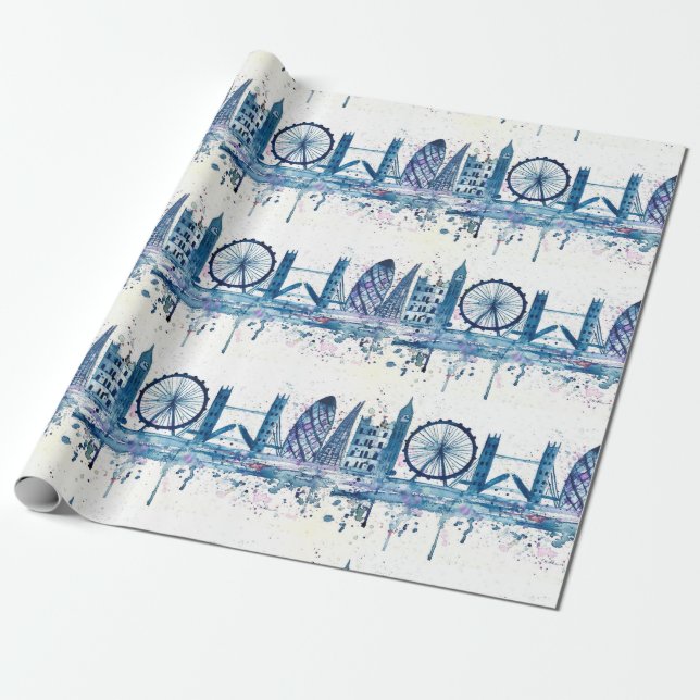Modern Blue London Skyline vattencolor Presentpapper (Utrullad)