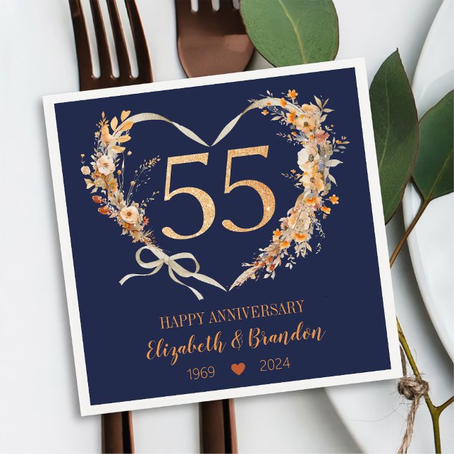 Modern Blue Lycklig 55-årsjubileum Bröllop Napkins Pappersservett (Skapare uppladdad)