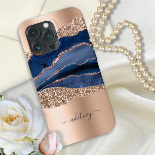 Modern Blue Marble Ro Guld Glitter