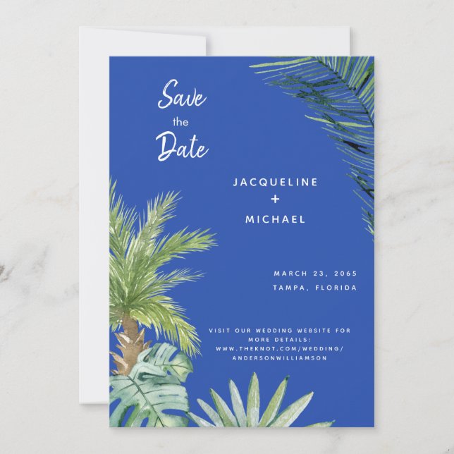 Modern Blue Mediterranean Botanical Save the Date Spara Datumet (Framsida)