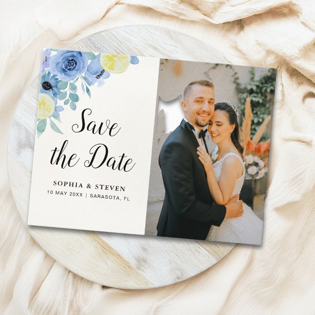Modern Blue Mediterranean Lemon Wedding Vykort (Skapare uppladdad)