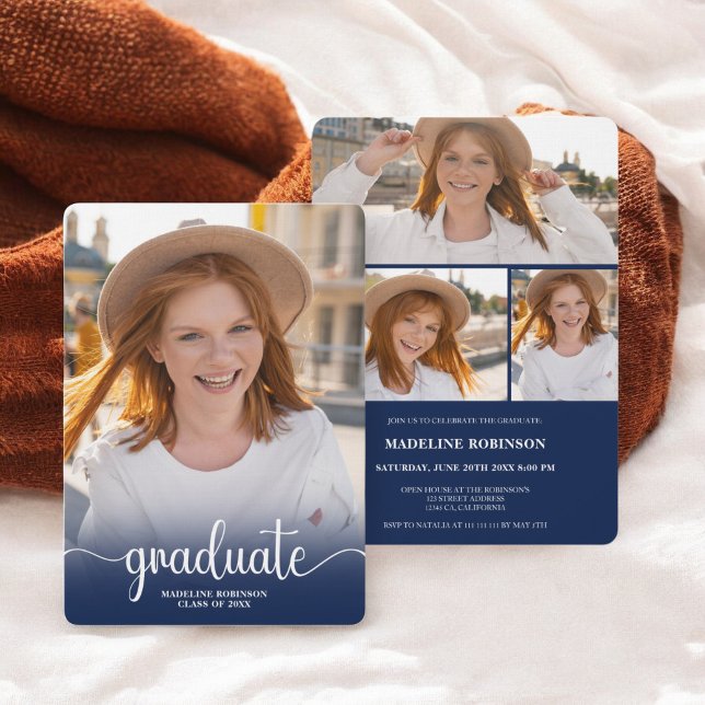 Modern Blue - minimal 4-fotoskript Studenten Inbjudningar (Modern Blue minimal 4-Photo script Graduation Invitation)
