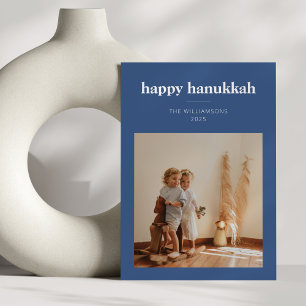 Modern Blue Minimalist Hanukkah-familjfoto Julkort