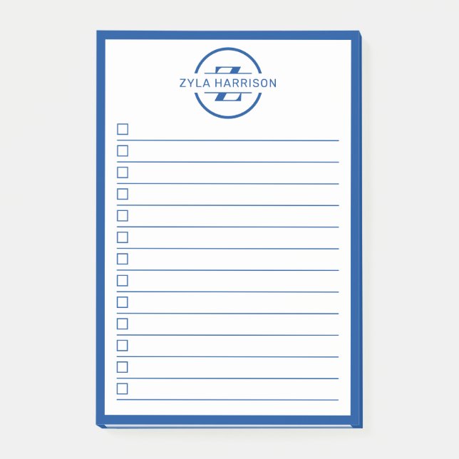 Modern Blue Monogram Name To Do List Post-it Block (Framsida)