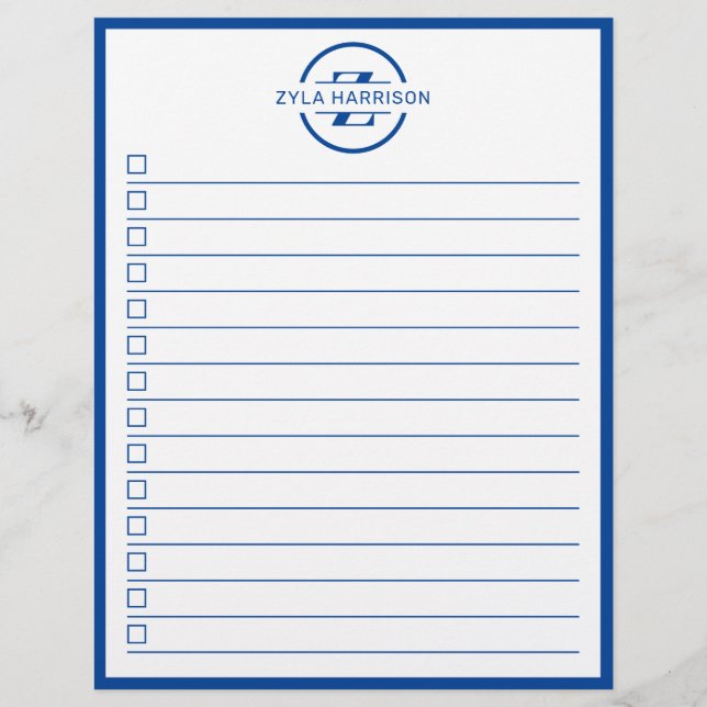 Modern Blue Monogram Name To Do List Reklamblad (Framsidan)