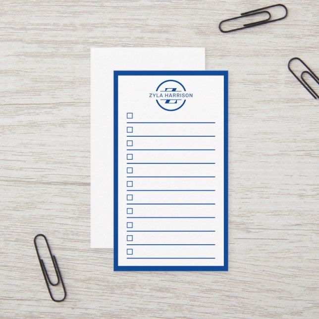 Modern Blue Monogram Name To Do List Visitkort (Fram/Back In Situ)