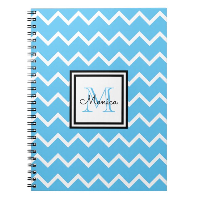 Modern Blue Namn Monogram Chevron Anteckningsbok (Framsidan)