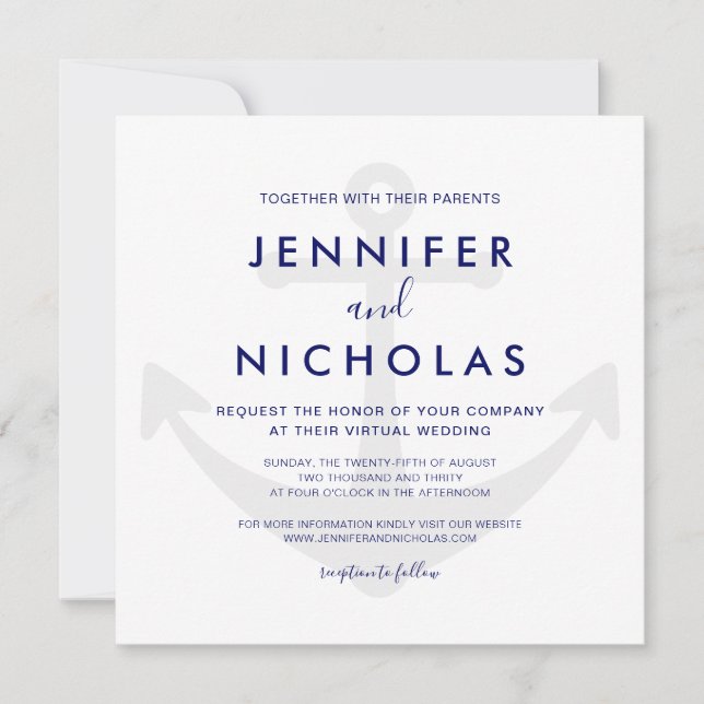 Modern Blue Nautical Anchor Virtual Wedding Inbjudningar (Framsida)