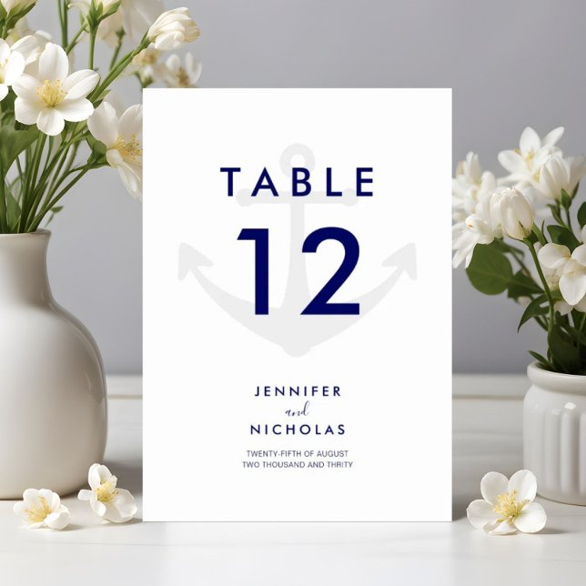 Modern Blue Nautical Anchor Wedding Bordsnummer (Modern Navy Blue Nautical Anchor Wedding Table Number)