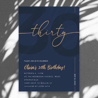 Modern Blue Navy & Gold 30th Birthday Invitation Inbjudningar