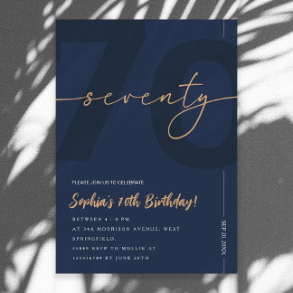 Modern Blue Navy & Gold 70th Birthday Invitation Inbjudningar