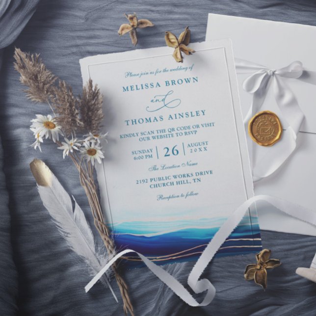 Modern Blue Navy Gold Ocean QR Code Wedding Inbjudningar (Skapare uppladdad)