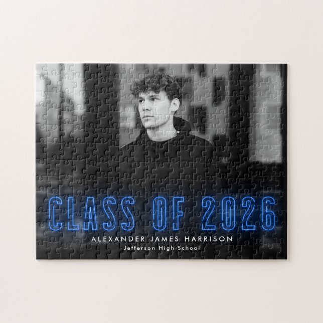Modern Blue Neon Class of 2025 Studenten Photo Pussel (Horisontell)
