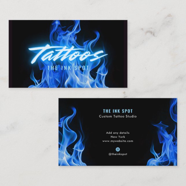 Modern Blue Neon Flames Tatoveringskonstnär Visitkort (Fram/baksida)