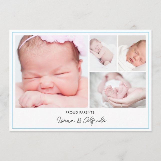 Modern Blue Newborn Baby Photo Collage Birth  Meddelande (Baksida)