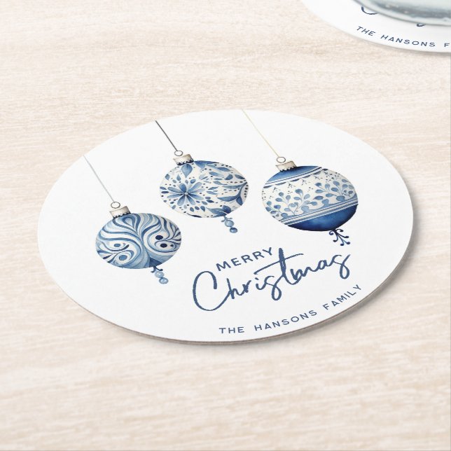 Modern Blue Nordic Stil Ornaments God jul Underlägg Papper Rund (Vinklad)