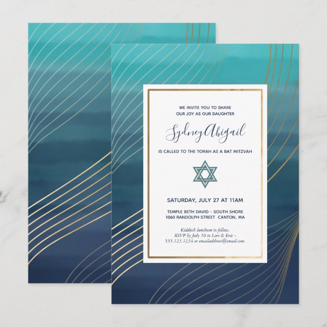 Modern Blue och Guld Bat mitzvah eller Pub Mitzvah Inbjudningar (Fram/baksida)