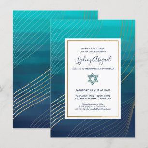 Modern Blue och Guld Bat mitzvah eller Pub Mitzvah Inbjudningar