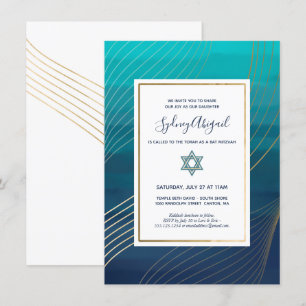 Modern Blue och Guld Bat mitzvah eller Pub Mitzvah Inbjudningar