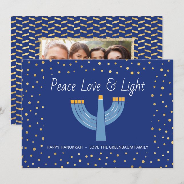 Modern Blue- och Guld Hanukkah-kort Inbjudningar (Fram/baksida)