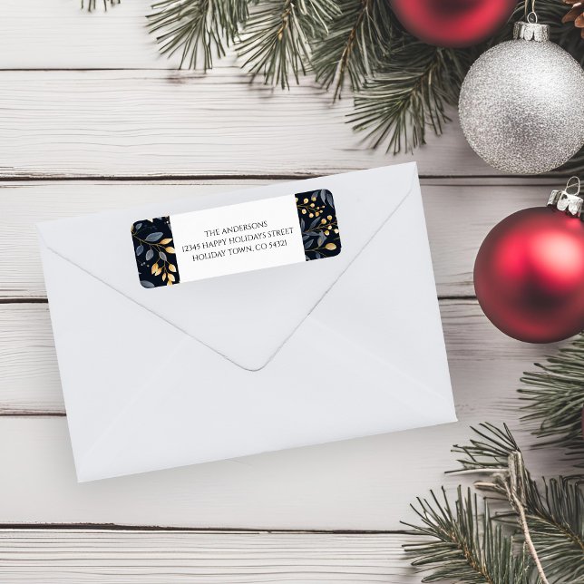 Modern Blue- och Guld-jul-Löv Returadress Etikett (Blue And Gold Christmas Leaf Return Address Labels)