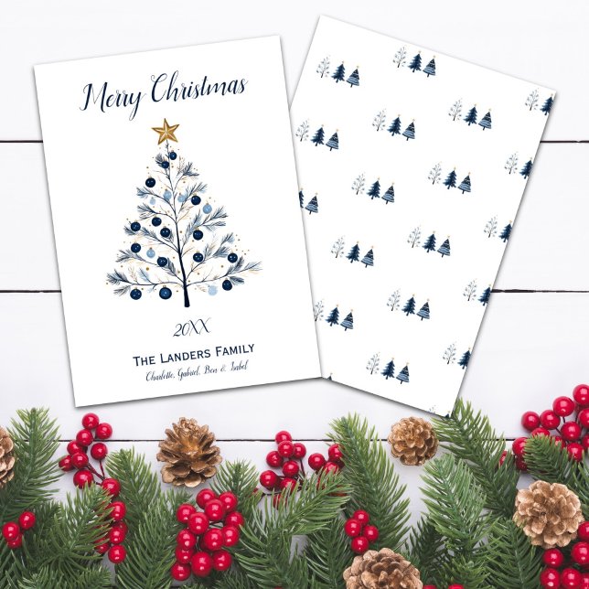 Modern Blue och Guld Julgran Julkort (Modern Blue and Gold Personalized Christmas Tree Holiday Card Front and Back)