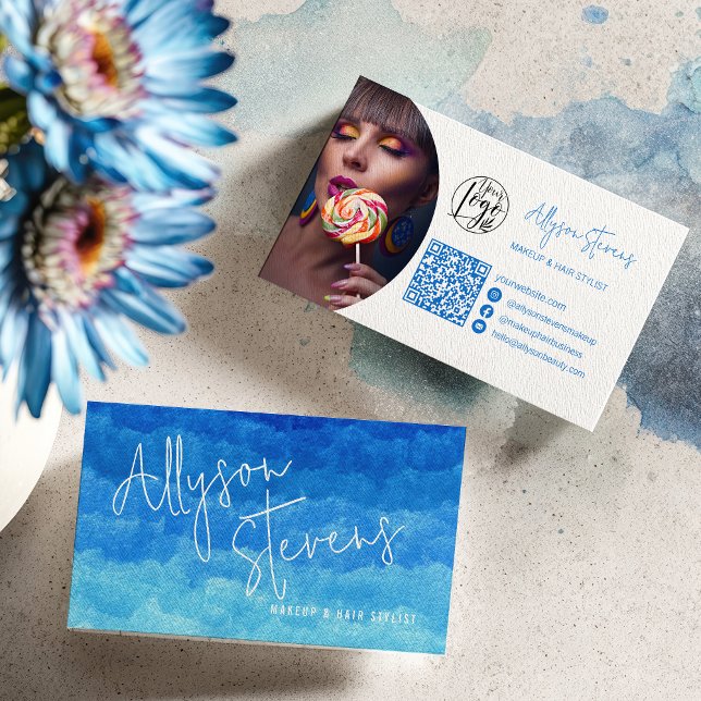 Modern Blue Paint Beauty Makeup Hair logotyp qr Visitkort (Modern Blue Paint Beauty Makeup Hair logo qr Business Card)