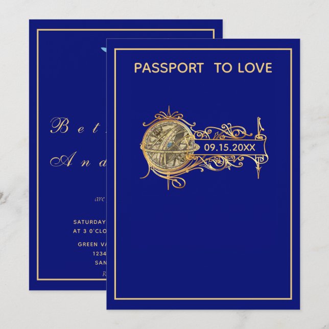Modern Blue Passport Bröllop Inbjudningar (Fram/baksida)