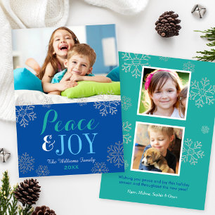 Modern Blue Peace and Joy Snowflake Photo Julkort