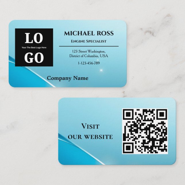 Modern Blue Pearlescent Custom Logo and QR Code  Visitkort (Fram/baksida)