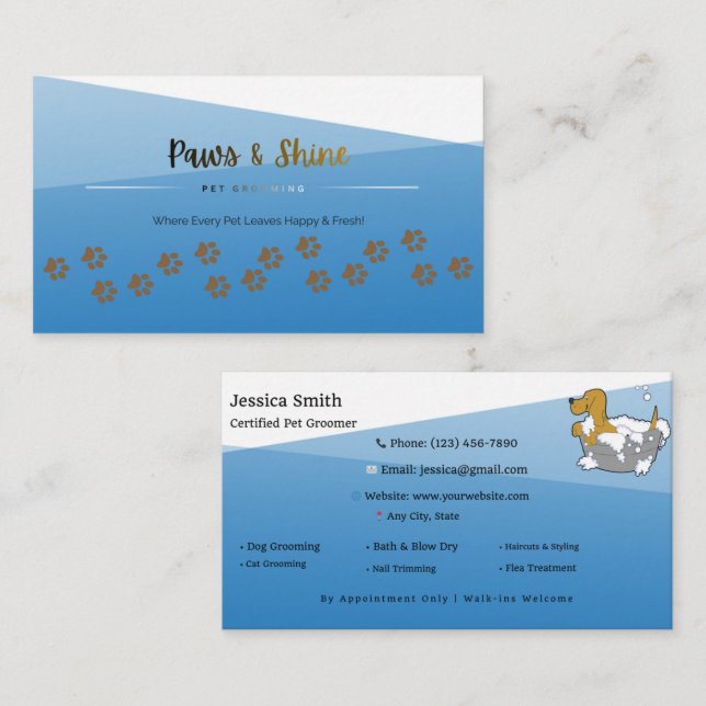 Modern Blue Pet Grooming Business Card – Customiza Visitkort (Fram/baksida)
