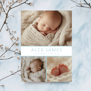 Modern Blue Photo Collage Baby Birth Meddelande