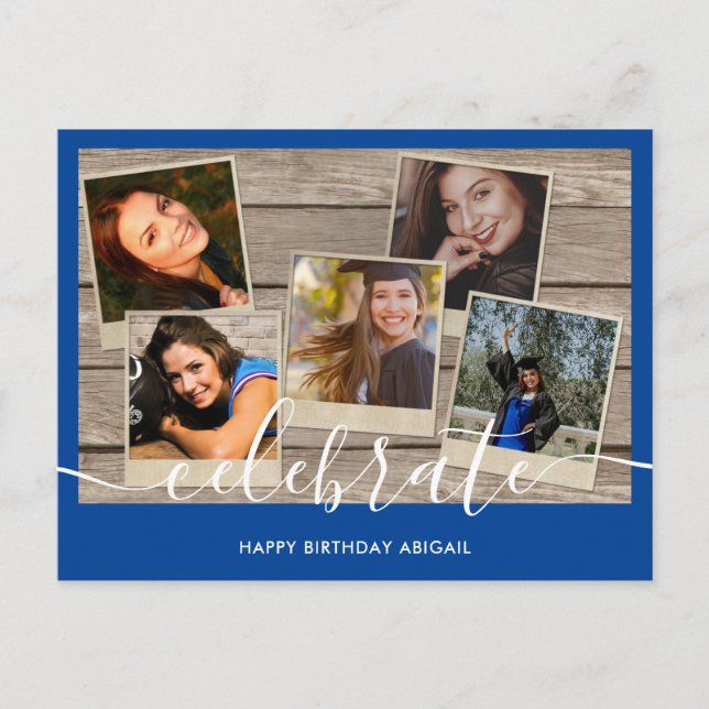 Modern Blue Photo Collage Birthday Card Vykort (Framsida)
