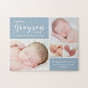 Modern Blue Photo Collage Pojke Birth Stats Pussel