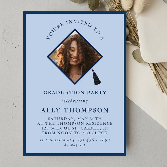 Modern Blue Photo Frame Graduation Party Inbjudningar (Modern Blue Photo Frame Graduation Party Invitation)