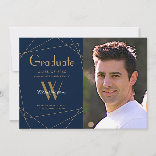 Modern Blue Photo Monogram Geometric Studenten Meddelande (Framsida)