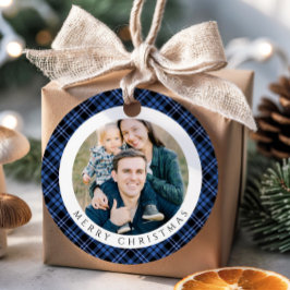 Modern Blue Plaid Photo Christmas Gåvor Etiketter