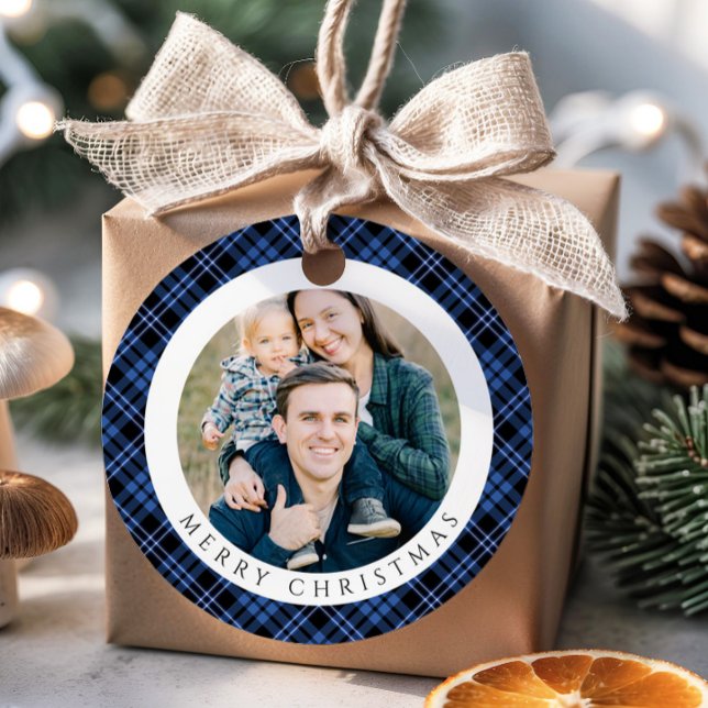 Modern Blue Plaid Photo Christmas Gåvor Etiketter (Modern Blue Plaid Photo Christmas Favor Tags)