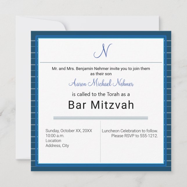 Modern Blue Rand Monogram Pub Mitzvah Inbjudningar (Framsida)