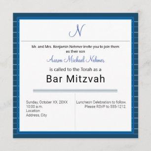 Modern Blue Rand Monogram Pub Mitzvah Inbjudningar