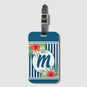 Modern Blue Rand och Flowers Monogram Bagagebricka